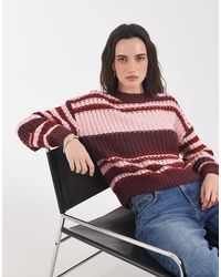 Noisy May - Pull en maille ajourée chunky à rayures rose et prune - Lyst