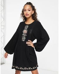 ASOS - Long Sleeve Mini Smock Dress With Lace Detail And Floral Embroidery - Lyst