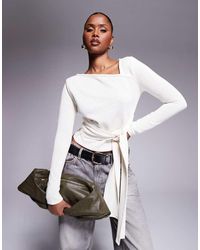 ASOS - Asymmetric Neck Long Sleeve Top With Tie Waist Detail - Lyst