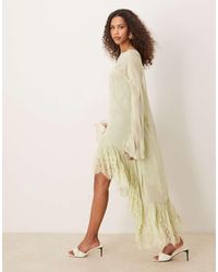ASOS - Vestido Largo Verde De Manga Larga Con Bajo Asimétrico De Encaje Transparente De - Lyst