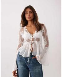 Miss Selfridge - Lace Chiffon Mix Ruffle Trim Tie Front Blouse - Lyst