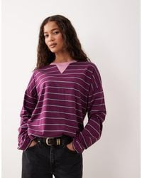 ASOS - Top Color Higo A Rayas De Manga Larga Con Cuello Redondo Y Detalle De Muesca En Contraste De -Morado - Lyst