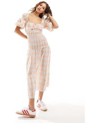 Glamorous - Vestito Midi A Quadri Con Scollo Rotondo, Vita Arricciata E Maniche A Sbuffo - Lyst