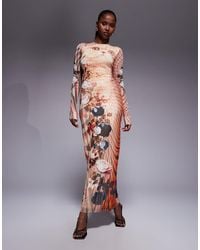 AFRM - Geruite Maxi-Jurk Met Ronde Hals, Lange Mouwen En Kattenprint - Lyst