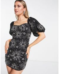 Miss Selfridge - Premium - robe courte ornée d'étoiles à manches bouffantes avec lien à nouer au dos - - black - Lyst