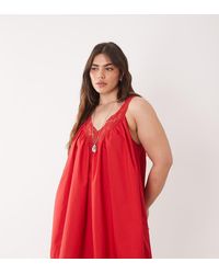 ASOS - Asos Design Curve V Neck Smock Poplin Mini Sundress With Lace Overlay - Lyst