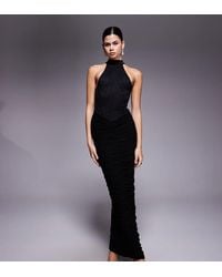 Kaiia - Exclusive Double Layered Slinky Lace High Neck Ruched Maxi Dress - Lyst