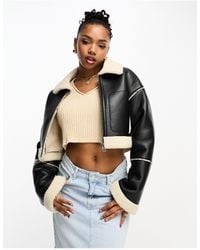 Pull&Bear - Faux Leather Cropped Shearling Detail Jacket - Lyst