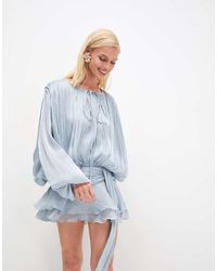 Lioness - Elements High Sheen Chiffon Drape Detail Balloon Sleeve Tie Waist Mini Dress - Lyst