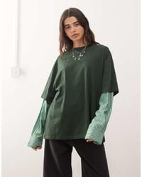 Lioness - 2 In 1 Oversized T-shirt Overlay And Striped Long Sleeve Shirt In Dark And Stripe - Lyst