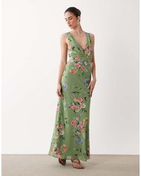 Hope & Ivy - V Neck Button Front Maxi Dress With Tie Waist - Lyst