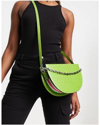River Island - Croc Saddle Bag With Chain And Pink Piping Detail - Lyst