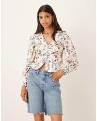 Glamorous - V-Neck Top With Puff Long Sleeves - Lyst
