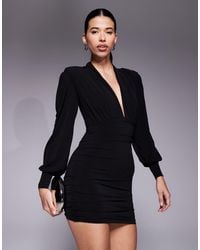 Ruched & Ready - Focus On Me Removable Shoulder Pad Detail Sculpting Plunge Neck Balloon Sleeve Mini Dress - Lyst