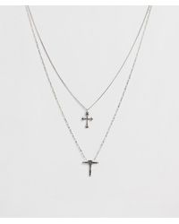 Reclaimed (vintage) Inspired Layered Neckchain With Cross Detail - Metallic
