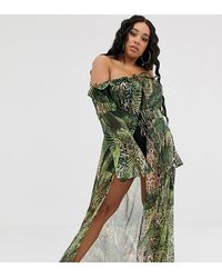 ASOS Asos Design Curve - Glam - Strandkimono Met Blote Schouders En Dieren- En Palmprint - Groen