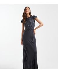 ASOS - Vestido Largo Lavado Con Cuello Alto, Mangas Fluidas E Insertos De Encaje De Asos Design Tall-Gris - Lyst