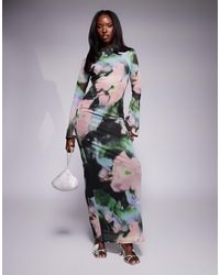 ASOS - Low Back Floral Mesh Maxi Dress With Angel Sleeves - Lyst