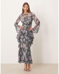ASOS - Long Sleeve Frill Hem Chiffon Maxi Dress - Lyst