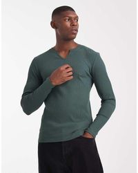 ASOS - Muscle Fit T-Shirt Van Zeer Zware Geribbelde Stof Met Lange Mouwen En Inkeping - Lyst