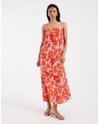 Pieces - Plissé Cami-Jurk Met Gelaagde Top Met Ruches En Opvallende Bloemenprint - Lyst