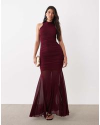 Ruched & Ready - Sculpting Mesh High Neck Sleeveless Fishtail Sheer Hem Maxi Dress - Lyst