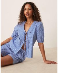 Vila - Short Sleeve Tie Front Gingham Check Poplin Top Co-ord - Lyst