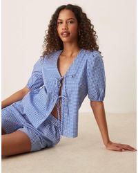 Vila - Short Sleeve Tie Front Gingham Check Poplin Top Co-ord - Lyst