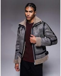 River Island - Washed Faux Leather Shearling Jacket - Lyst