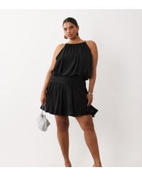 ASOS - Asos Design Curve Satin High Neck Drop Waist Flippy Mini Dress - Lyst