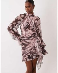 ASOS - Organza Ruffle Long Sleeve Mini Dress - Lyst