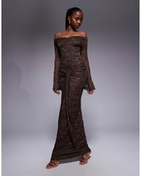 Kaiia - Exclusive Double Layered Slinky Lace Bardot Flare Sleeve Tie Waist Drape Detail Maxi Dress - Lyst