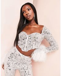 ASOS - Sweetheart Neck Faux Feather Trim Sleeve Sequin Crop Top - Lyst
