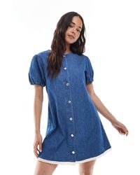 ASOS - Robe courte en jean à manches bouffantes et finition en broderie anglaise - moyen - Lyst