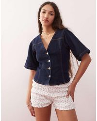 Miss Selfridge - Top Vaquero Con Lavado Azul Añil Con Mangas Abullonadas De -Morado - Lyst