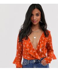 Missguided Wrap Bodysuit In Floral Print - Red