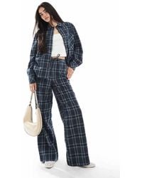 ASOS - Pantalones Azul Marino A Cuadros De Pernera Ancha Con Lazada En La Cintura De Tejido Cepillado De (Parte De Un Conjunto) - Lyst