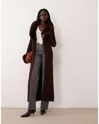Miss Selfridge - Button Through Longline Cardigan With Fur Collar And Cuff - Lyst