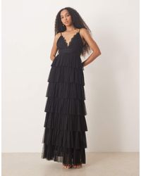 LACE & BEADS - Maxi Jurk Van Tule En Kant Met Stroken En V-Hals - Lyst