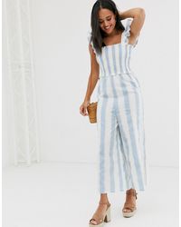 ASOS Shirred Frill Sleeve Jumpsuit In Multi Stripe - Blue