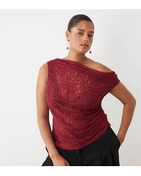 ASOS - Asos Design Curve Sheer Lace Ruched Asym Top - Lyst