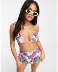 ASOS - Mix and match - top bikini a triangolo allacciato con bordo smerlato rosa con stampa astratta a macchie - Lyst