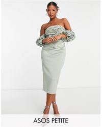 ASOS - Asos Design Petite Bardot Puff Sleeve Midi Dress With Floral Embellishment - Lyst