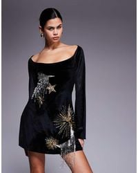 ASOS - Mini Jurk Met Super Lage Ronde Hals, Lange Mouwen, Rok Met A-Lijn En Astrologische Versiering - Lyst