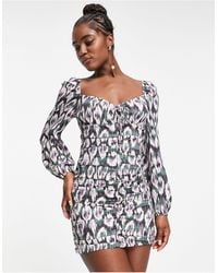 Pull&Bear - Long Sleeve Printed Mini Dress With Ruched Detail - Lyst