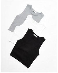 Pull&Bear - 3 Pack Ribbed Racer Neck Cropped Top - Lyst