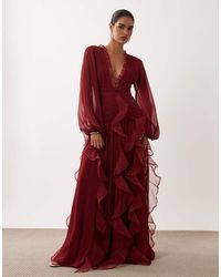 ASOS - Ruched Long Sleeve Maxi Dress With Waterfall Detail - Lyst