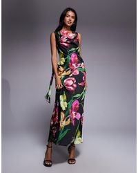 ASOS - – midikleid aus satin mit schwarzem blumenprint, drapiertem ausschnitt und langem bindeband am rücken - Lyst