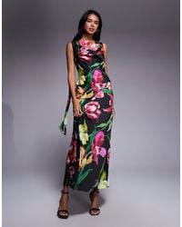 ASOS - – midikleid aus satin mit schwarzem blumenprint, drapiertem ausschnitt und langem bindeband am rücken - Lyst