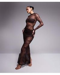 Wanderdoll - Britney High Neck Lace Bodysuit And Drape Detail Maxi Skirt Set - Lyst